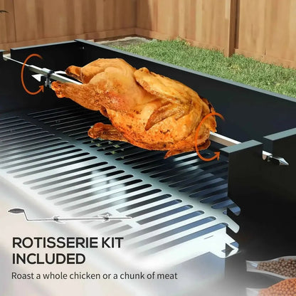 Golden roasted chicken on stainless steel rotisserie spit in black outsunny bbq rotisserie grill roaster with side shelves
