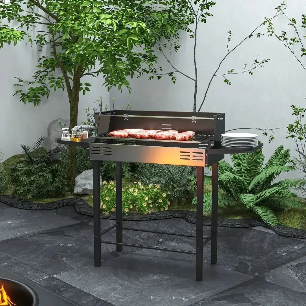 Outsunny BBQ Rotisserie Grill Roaster Charcoal Spit Roasting Machine for Chicken Turkey with 3 - Level Grill Grate, Side Shelves 846 - 075V00BK - Garden & Outdoor