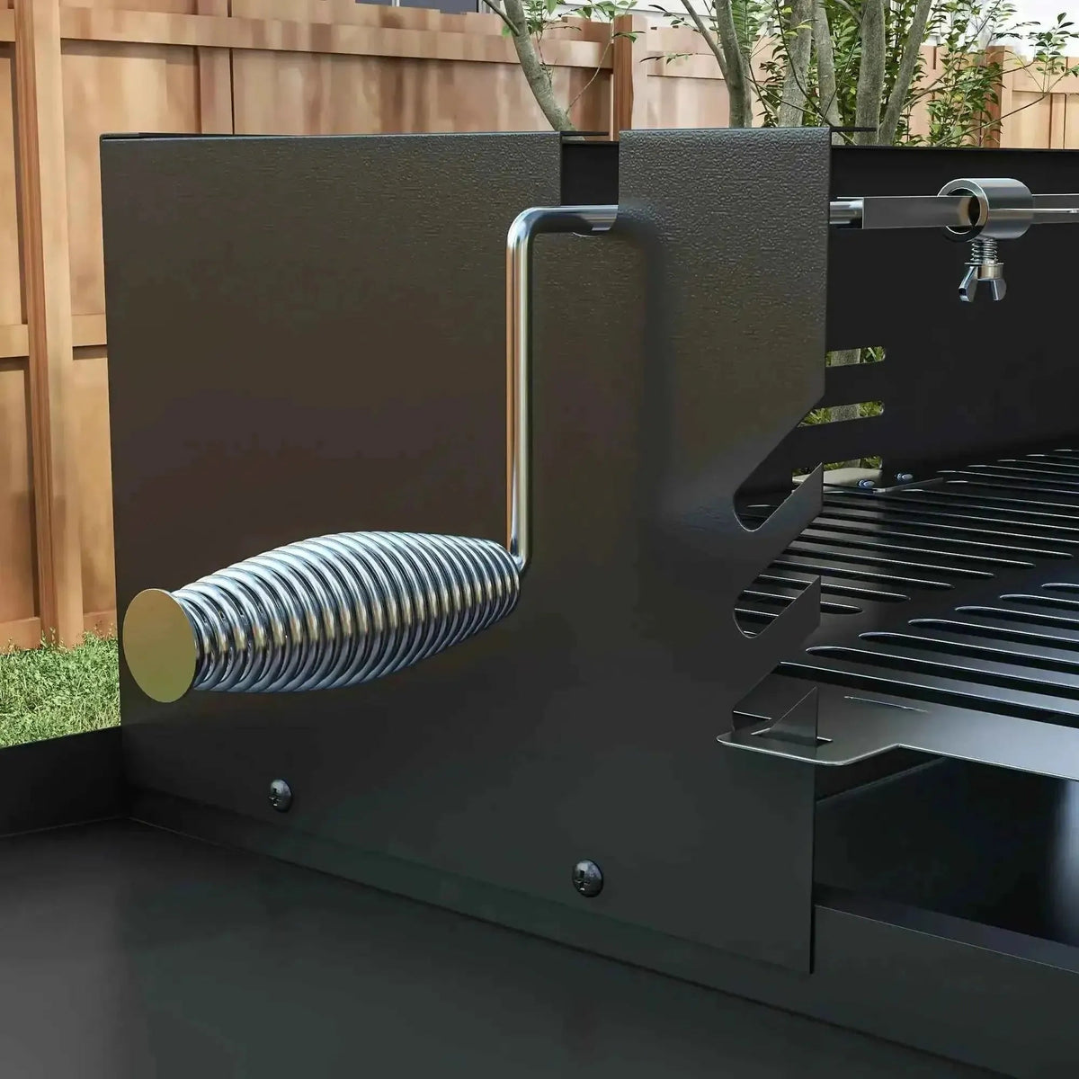 Outsunny black metal bbq rotisserie grill roaster with shiny chrome spiral handle and side shelves for outdoor cooking