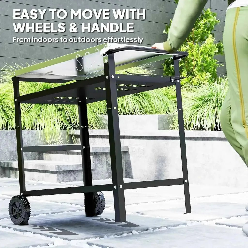 Outsunny black metal grill cart with stainless steel top, adjustable shelf, wheels, and handle for easy mobility