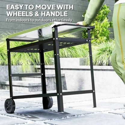 Outsunny black metal grill cart with stainless steel top, adjustable shelf, wheels, and handle for easy mobility