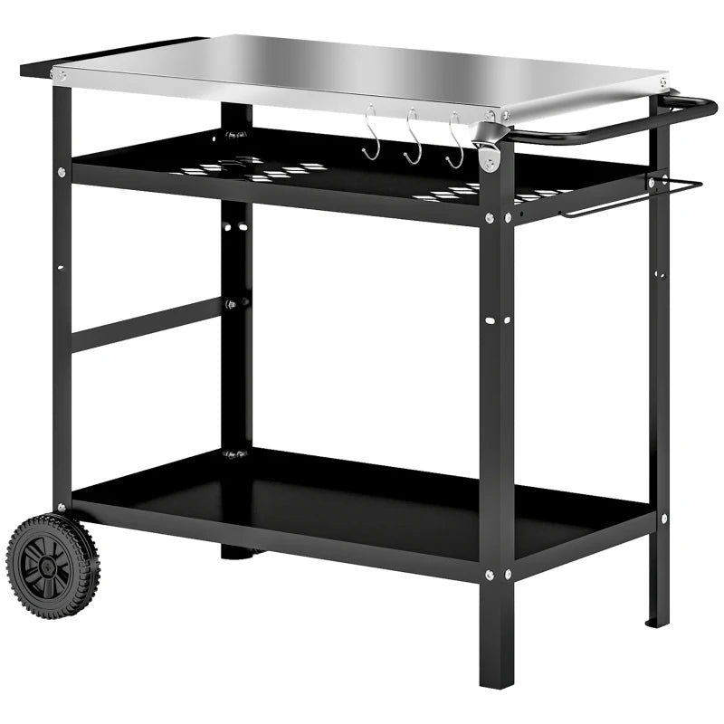 Black metal grill cart by Outsunny with stainless steel top adjustable shelf three shelves and four wheels in black