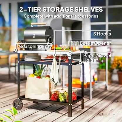 Black metal two-tier Outsunny BBQ trolley with stainless steel top wheels adjustable shelf s hooks bottle opener and paper towel holder