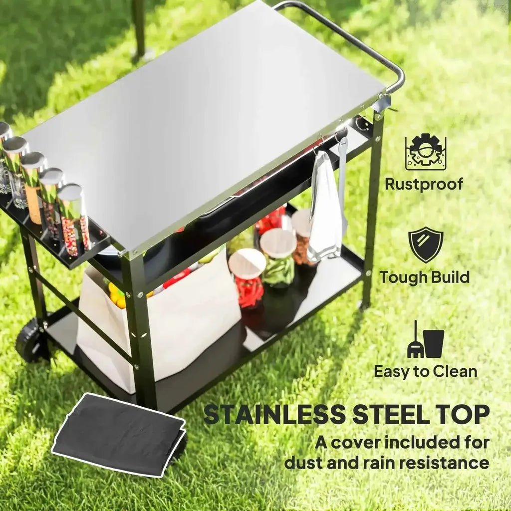 Outsunny bbq trolley with stainless steel top black metal frame wheels and adjustable lower storage shelves