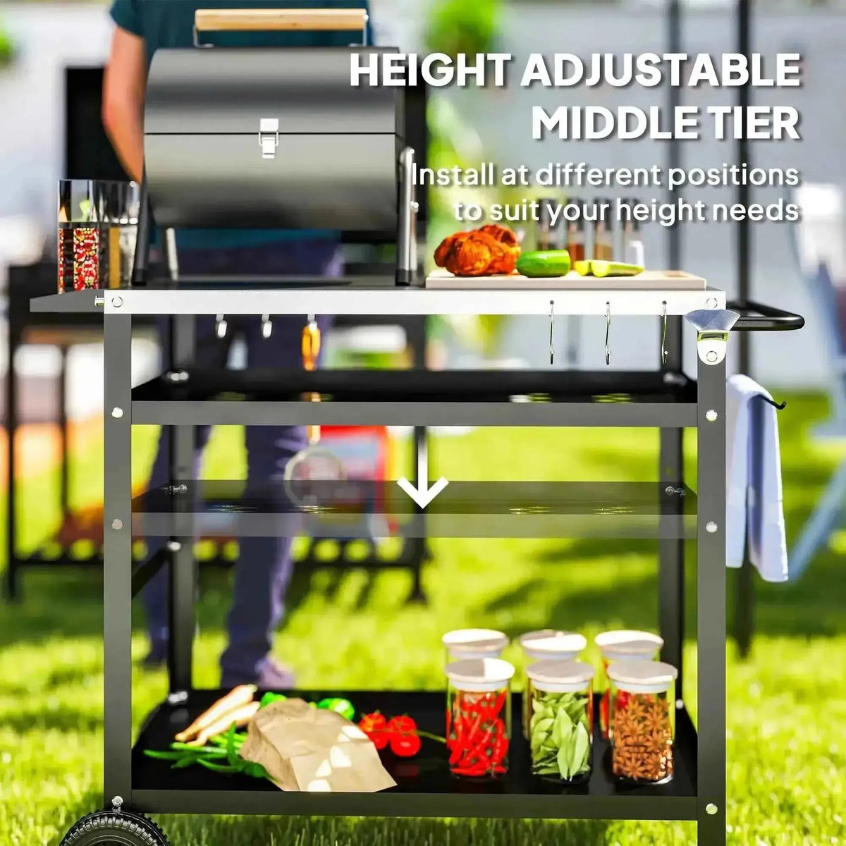 Outsunny black metal height-adjustable grill cart with stainless steel top and middle tier for customizable installation
