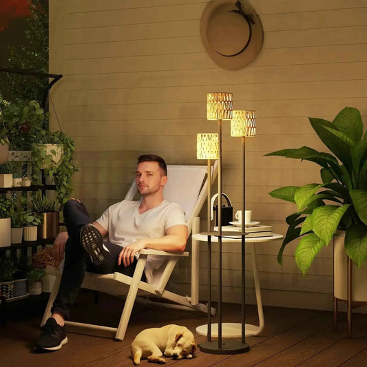 Outsunny 3-Light Solar Rattan Floor Lamp with Shelf, Auto On/Off, Yellow | 867-269V00YL