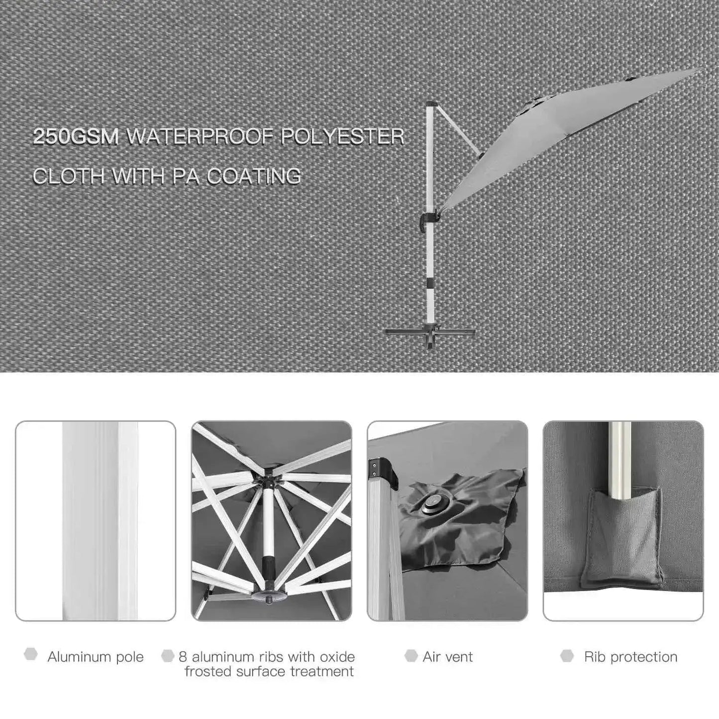 Outsunny Cantilever Roma Parasol - Grey | 84D-086V00GY