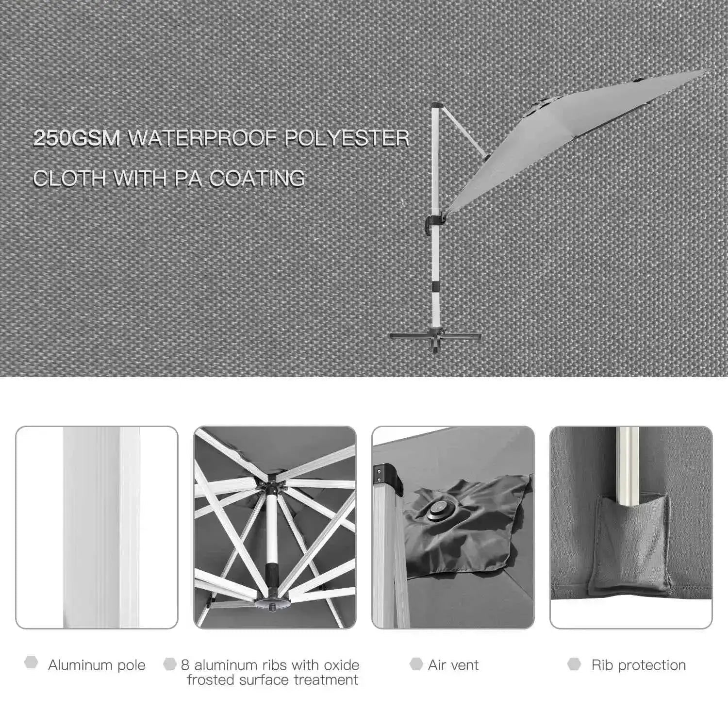 Outsunny Cantilever Roma Parasol - Grey | 84D-086V00GY