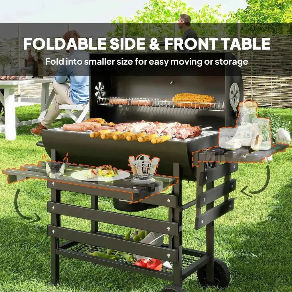 Outsunny charcoal barrel bbq grill with black foldable side and front table and glass top surface for outdoor cooking