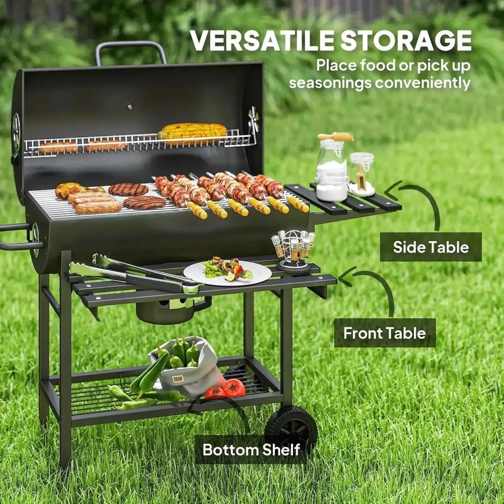 Black metal charcoal barrel bbq grill with foldable side and front tables for versatile storage by Outsunny