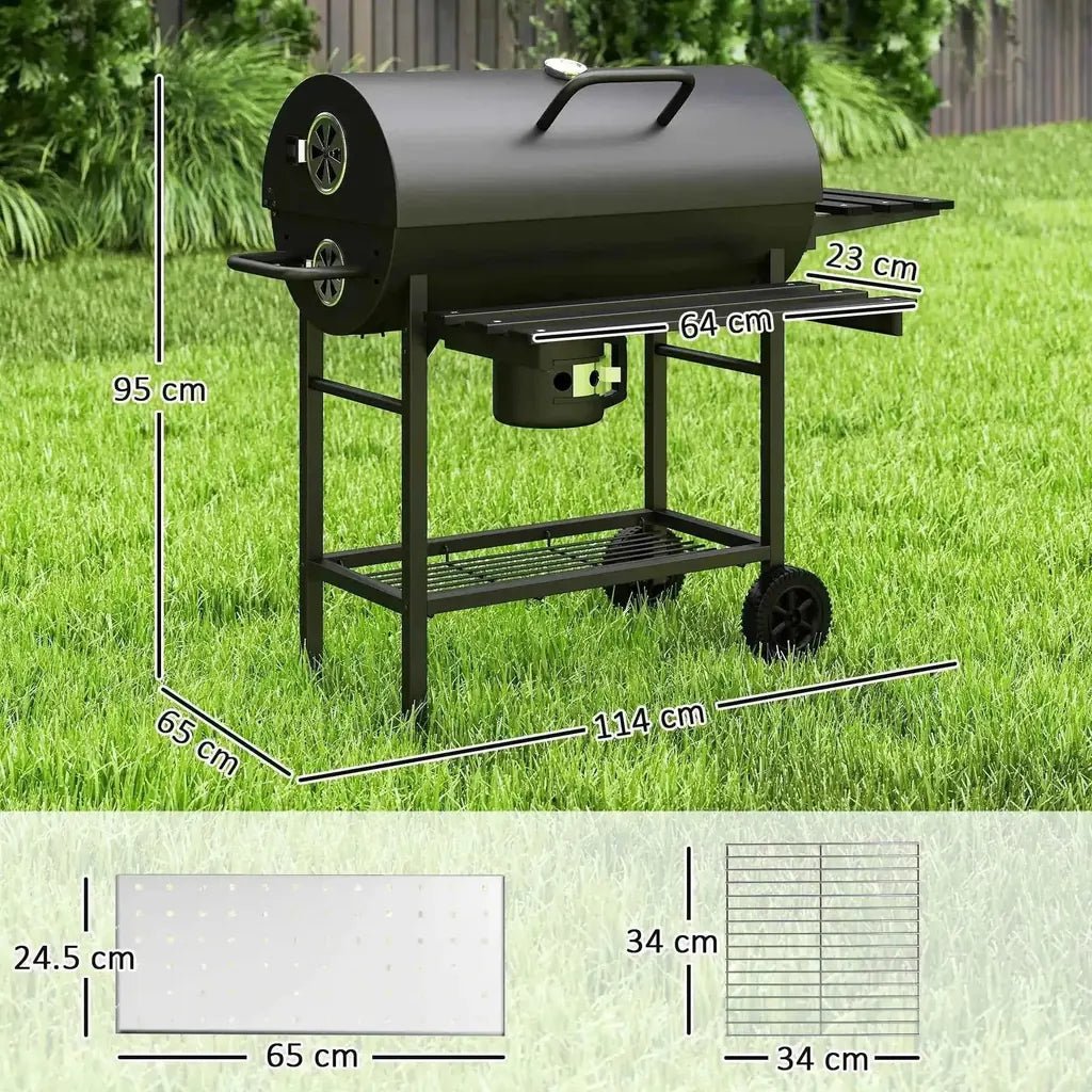 Outsunny charcoal barrel bbq grill in black steel with foldable shelves, smoker feature, and wheels for mobility