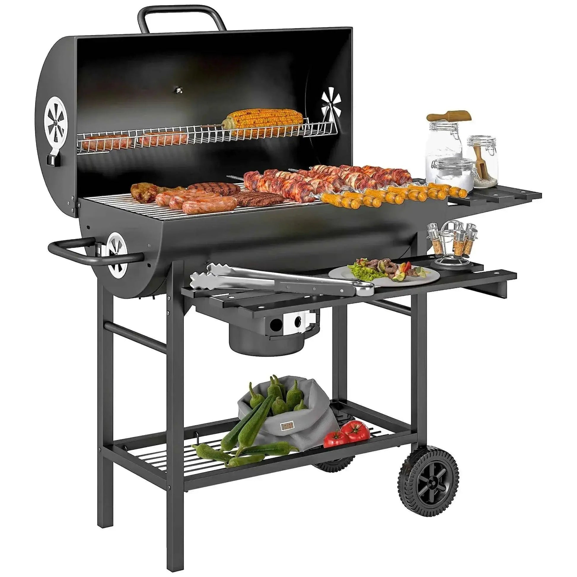 Outsunny Charcoal Barrel BBQ Grill – Foldable Shelf, Smoker, Wheels, Black | 846-176V00BK