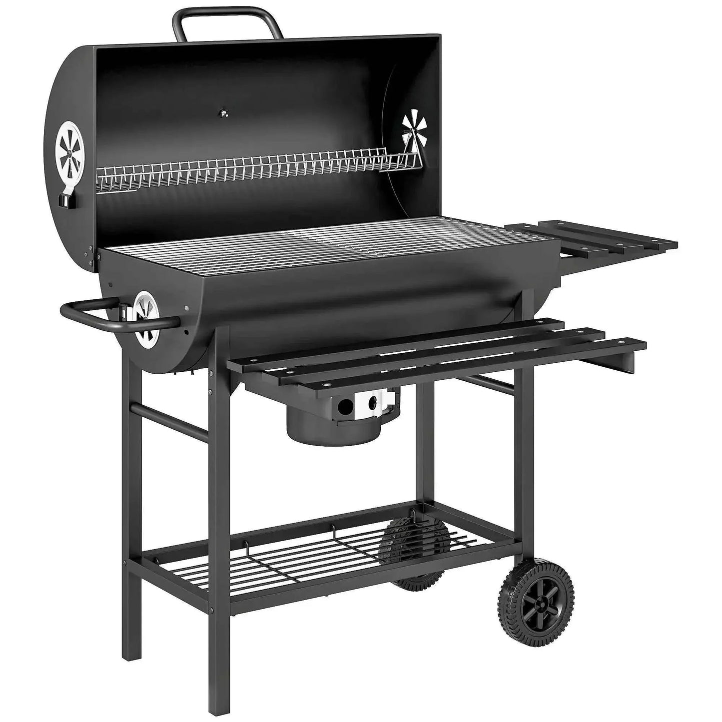 Outsunny Charcoal Barrel BBQ Grill – Foldable Shelf, Smoker, Wheels, Black | 846-176V00BK