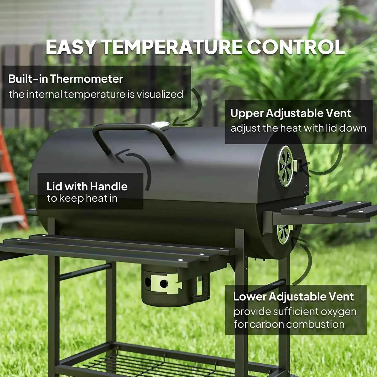 Outsunny black charcoal barrel bbq grill with handle lid, adjustable vents, built-in thermometer, foldable shelf, and wheels