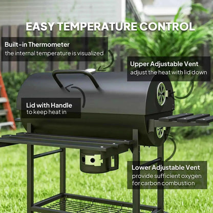 Outsunny black charcoal barrel bbq grill with handle lid, adjustable vents, built-in thermometer, foldable shelf, and wheels