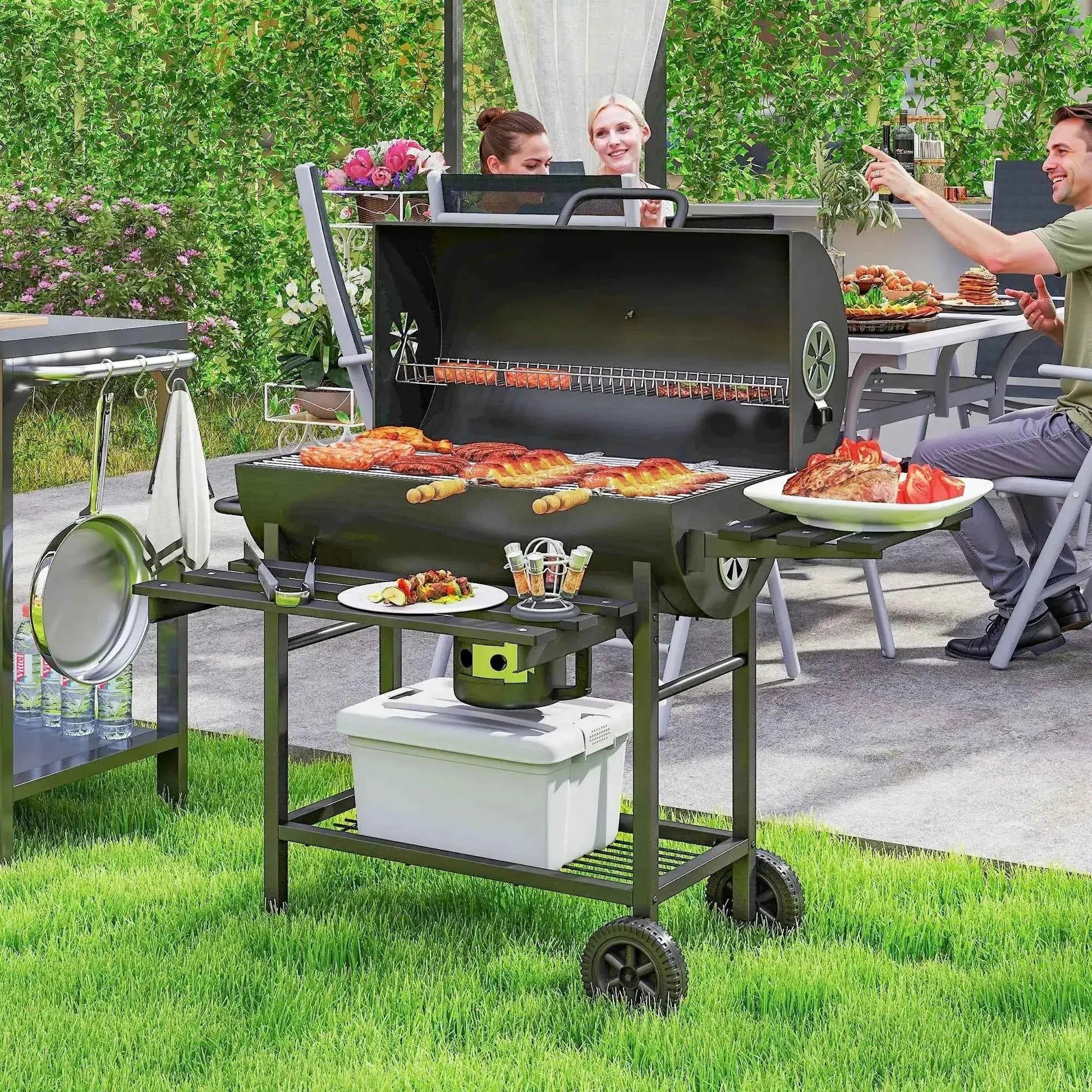 Outsunny Charcoal Barrel BBQ Grill – Foldable Shelf, Smoker, Wheels, Black | 846-176V00BK