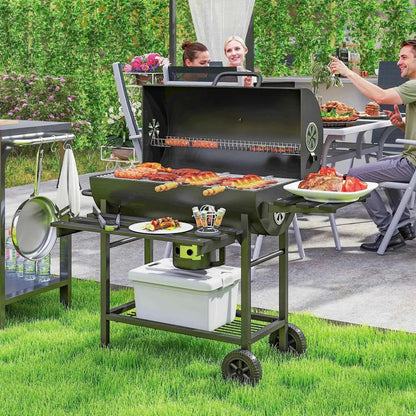 Outsunny Charcoal Barrel BBQ Grill – Foldable Shelf, Smoker, Wheels, Black | 846-176V00BK