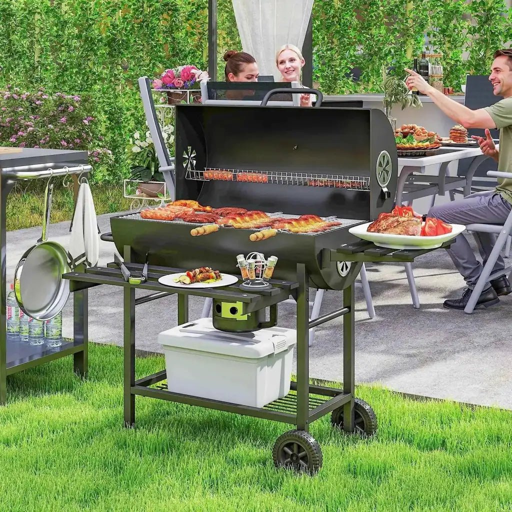 Black outsunny charcoal barrel bbq grill with foldable shelves wheels and smoker for outdoor cooking