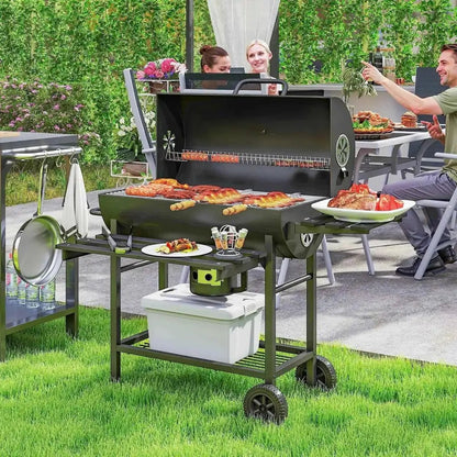 Black outsunny charcoal barrel bbq grill with foldable shelves wheels and smoker for outdoor cooking