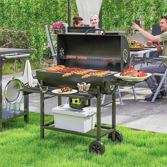 Black outsunny charcoal barrel bbq grill with foldable shelves wheels and smoker for outdoor cooking