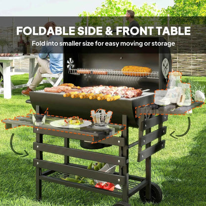 Outsunny Charcoal Barrel BBQ Grill – Foldable Shelf, Smoker, Wheels, Black | 846-176V00BK