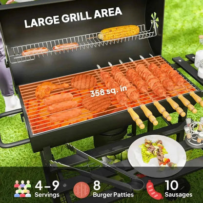 Outsunny charcoal barrel bbq grill in black with large cooking surface wooden-handled skewers grilling sausages and patties