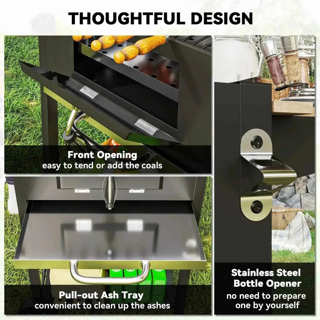 Outsunny charcoal bbq grill in black and stainless steel with front-opening design, pull-out ash tray, and bottle opener