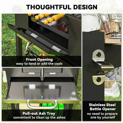 Outsunny charcoal bbq grill in black and stainless steel with front-opening design, pull-out ash tray, and bottle opener