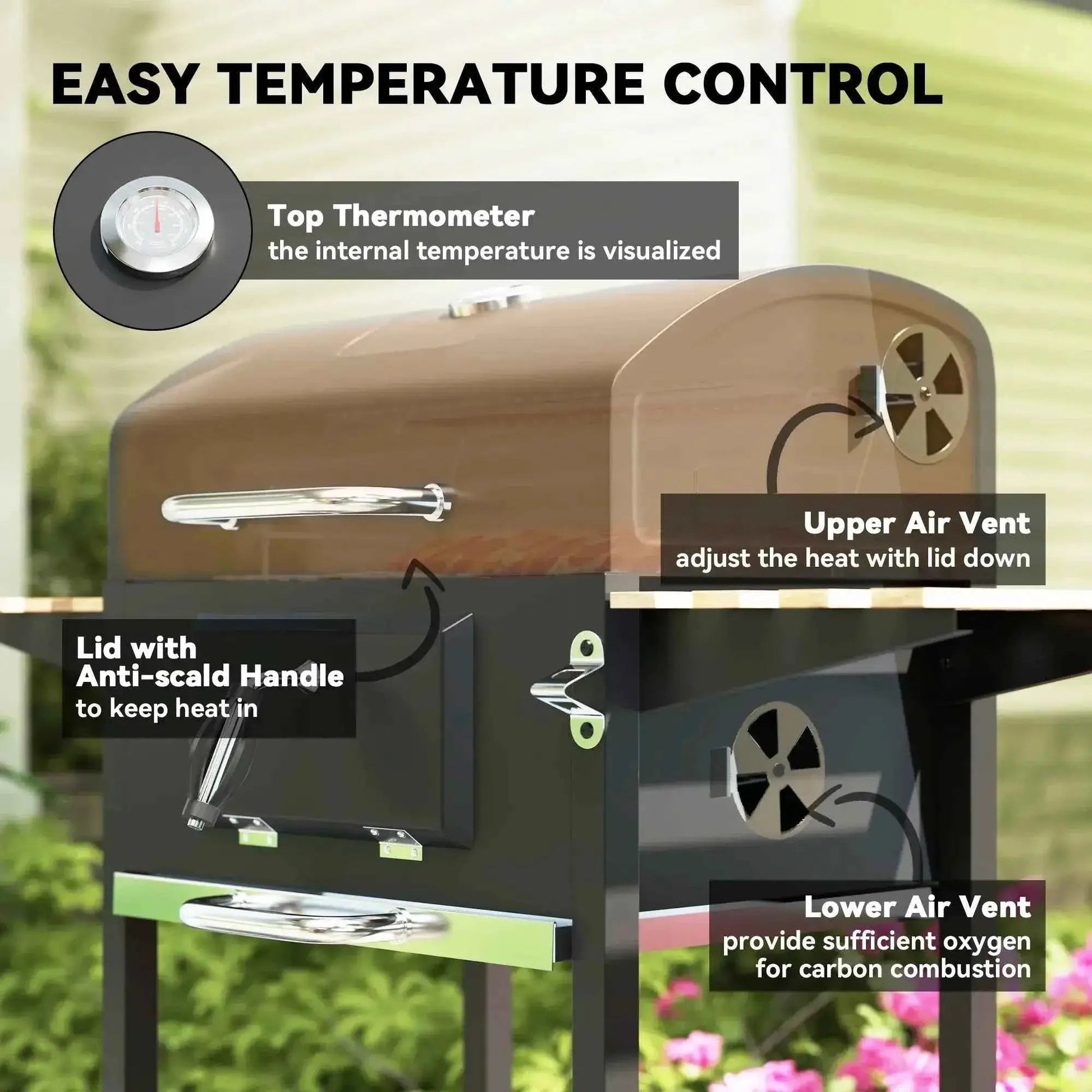 Outsunny Charcoal BBQ Grill – Adjustable Pan, Smoker, Shelves, Wheels | 846-170V00BK