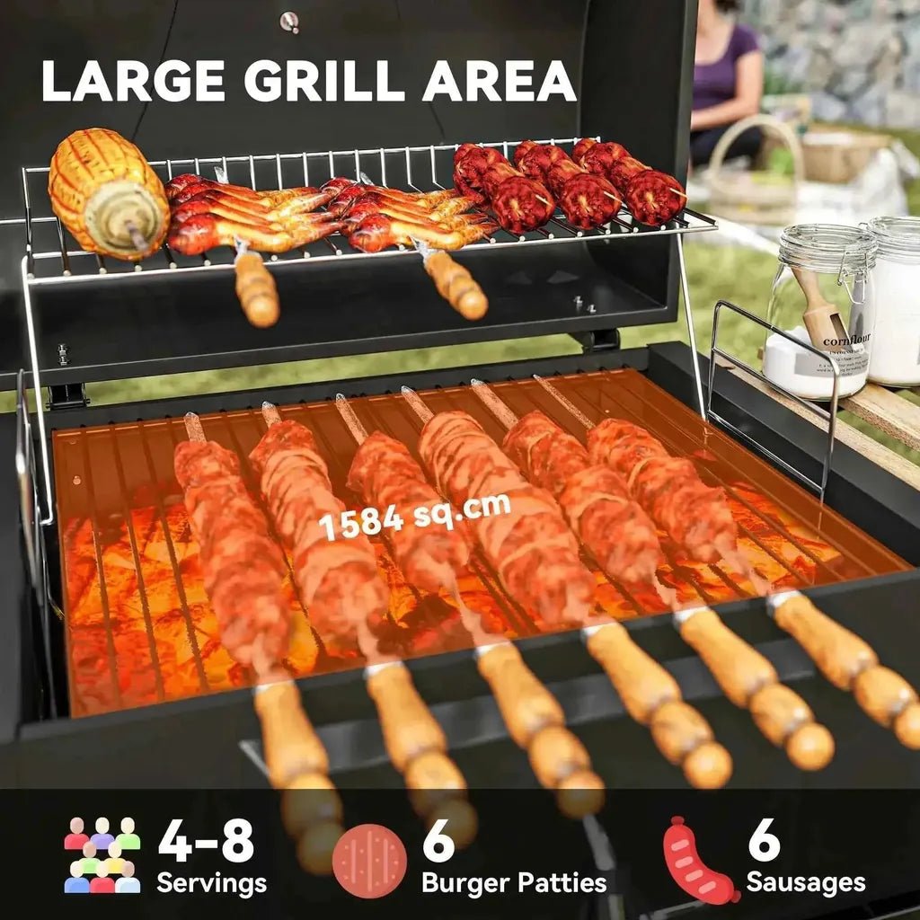 Black Outsunny charcoal BBQ grill with large cooking area wooden-handled skewers and adjustable racks on wheels