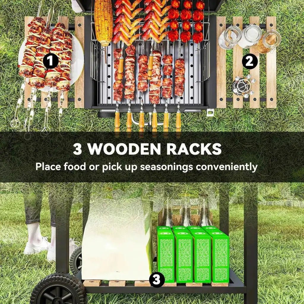 Outsunny black metal charcoal bbq grill with wooden racks, wheels, adjustable pan, smoker, and skewered meats cooking grate