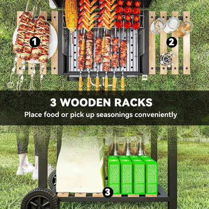 Outsunny black metal charcoal bbq grill with wooden racks, wheels, adjustable pan, smoker, and skewered meats cooking grate