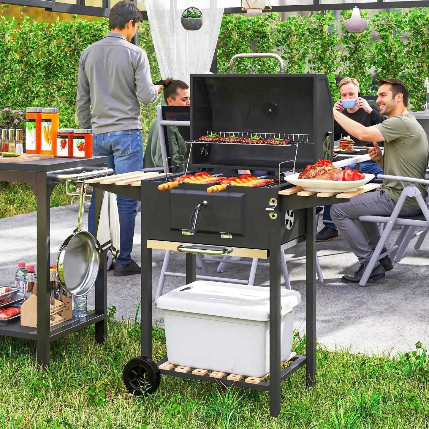 Outsunny Charcoal BBQ Grill – Adjustable Pan, Smoker, Shelves, Wheels | 846-170V00BK