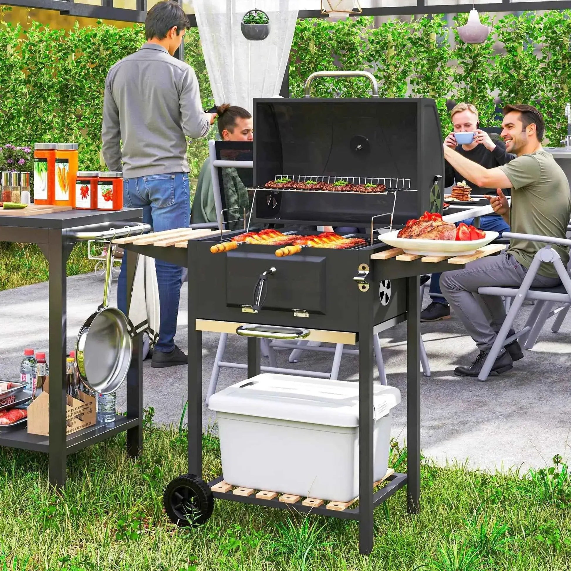 Outsunny Charcoal BBQ Grill – Adjustable Pan, Smoker, Shelves, Wheels | 846-170V00BK