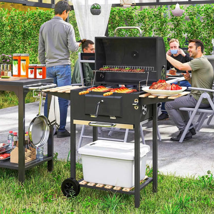 Outsunny Charcoal BBQ Grill – Adjustable Pan, Smoker, Shelves, Wheels | 846-170V00BK