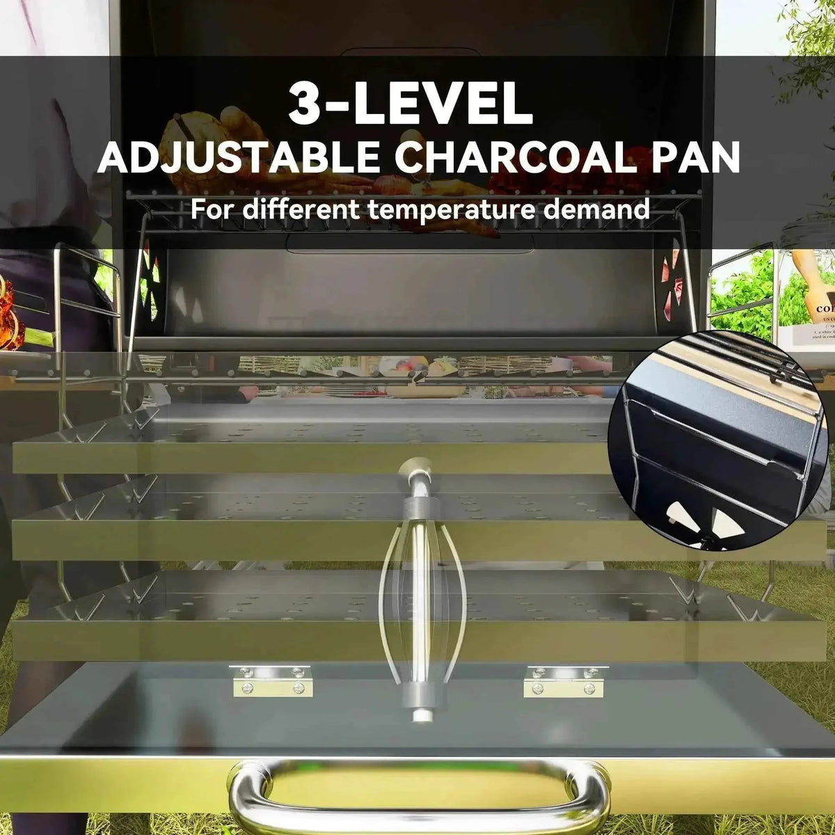 Outsunny charcoal bbq grill with 3-level adjustable stainless steel charcoal pan for customizable grilling temperature control