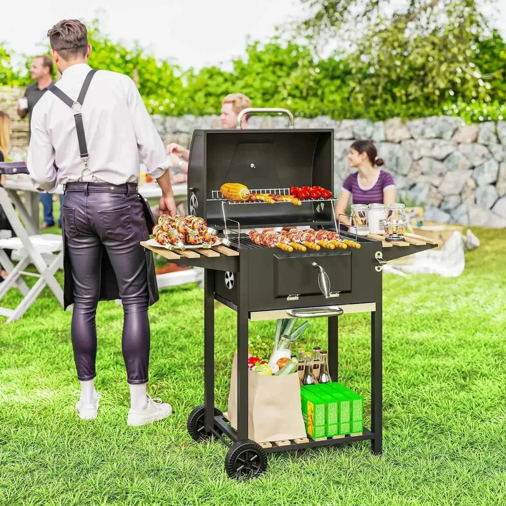 Outsunny black metal charcoal bbq grill with adjustable pan smoker side shelves and wheels for outdoor cooking
