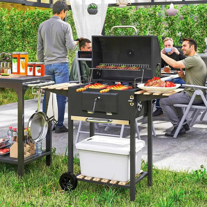 Black Outsunny charcoal BBQ grill with adjustable pan, stainless steel handles, shelves, wheels, and white cooler underneath