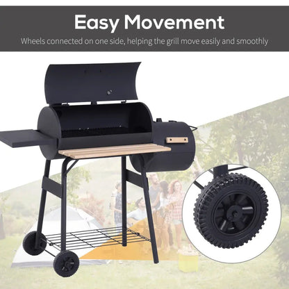 Outsunny Portable Charcoal BBQ Grill, Cold - rolled Steel, Solid Wood, 104H x 124L x53W cm - Black 846 - 036 - Garden & Outdoor