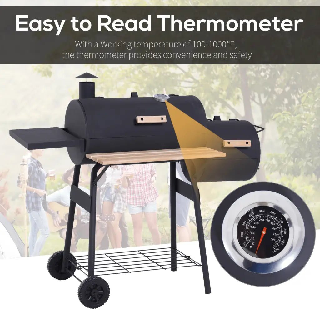 Outsunny Portable Charcoal BBQ Grill, Cold - rolled Steel, Solid Wood, 104H x 124L x53W cm - Black 846 - 036 - Garden & Outdoor