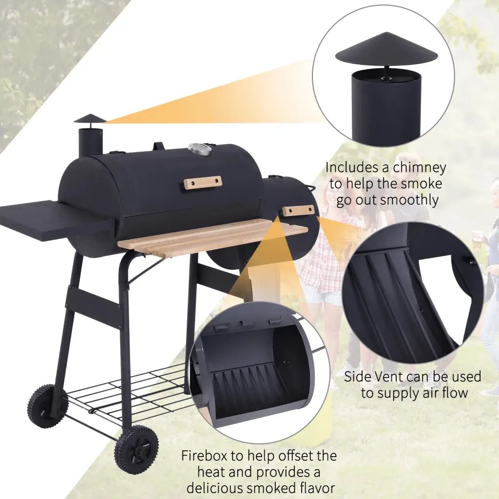 Outsunny Portable Charcoal BBQ Grill, Cold - rolled Steel, Solid Wood, 104H x 124L x53W cm - Black 846 - 036 - Garden & Outdoor