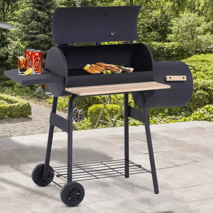Outsunny Portable Charcoal BBQ Grill, Cold - rolled Steel, Solid Wood, 104H x 124L x53W cm - Black 846 - 036 - Garden & Outdoor