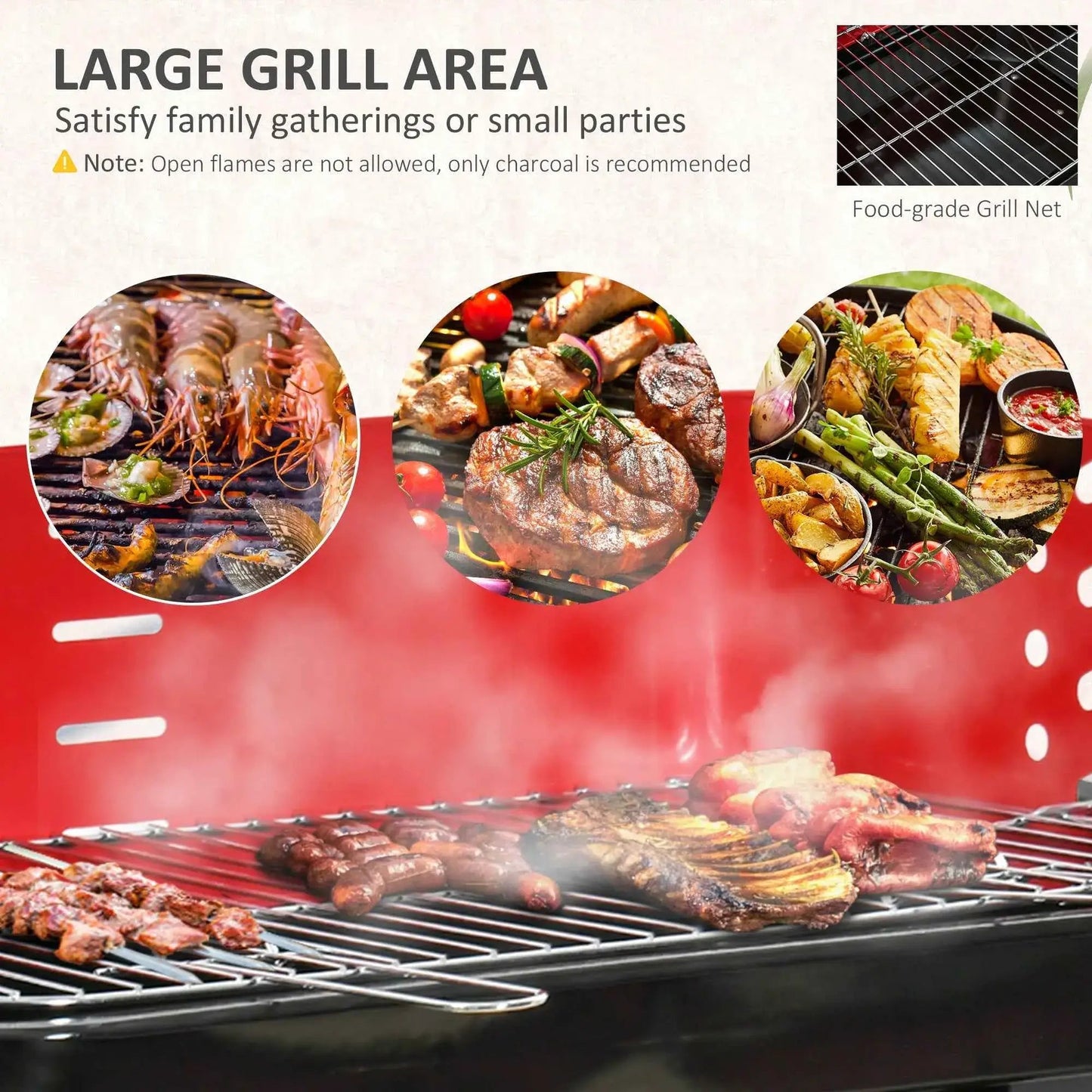 Outsunny Charcoal BBQ Grill Trolley with Wheels & Foldable Trays - Black/Red  | 01-0559