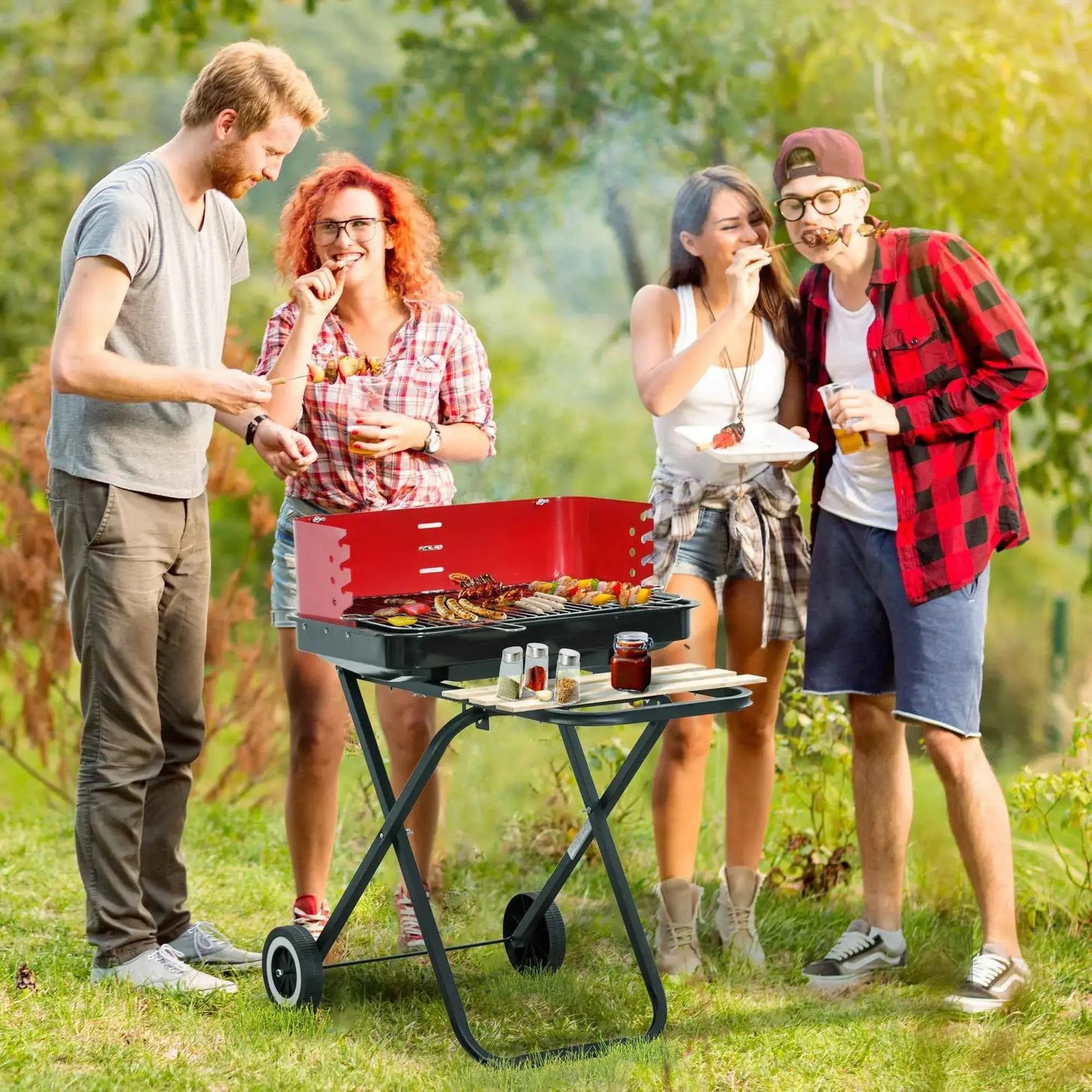Outsunny Charcoal BBQ Grill Trolley with Wheels & Foldable Trays - Black/Red  | 01-0559