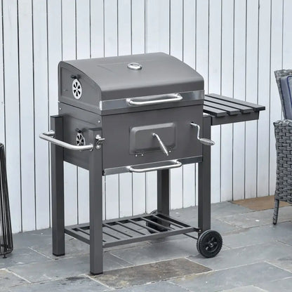 Outsunny Charcoal Grill BBQ Trolley with Adjustable Charcoal Grate, Garden Metal Smoker Barbecue with Shelf, Side Table, Wheels, Built - in Thermometer, Bottle Opener 846 - 013 - Garden & Outdoor