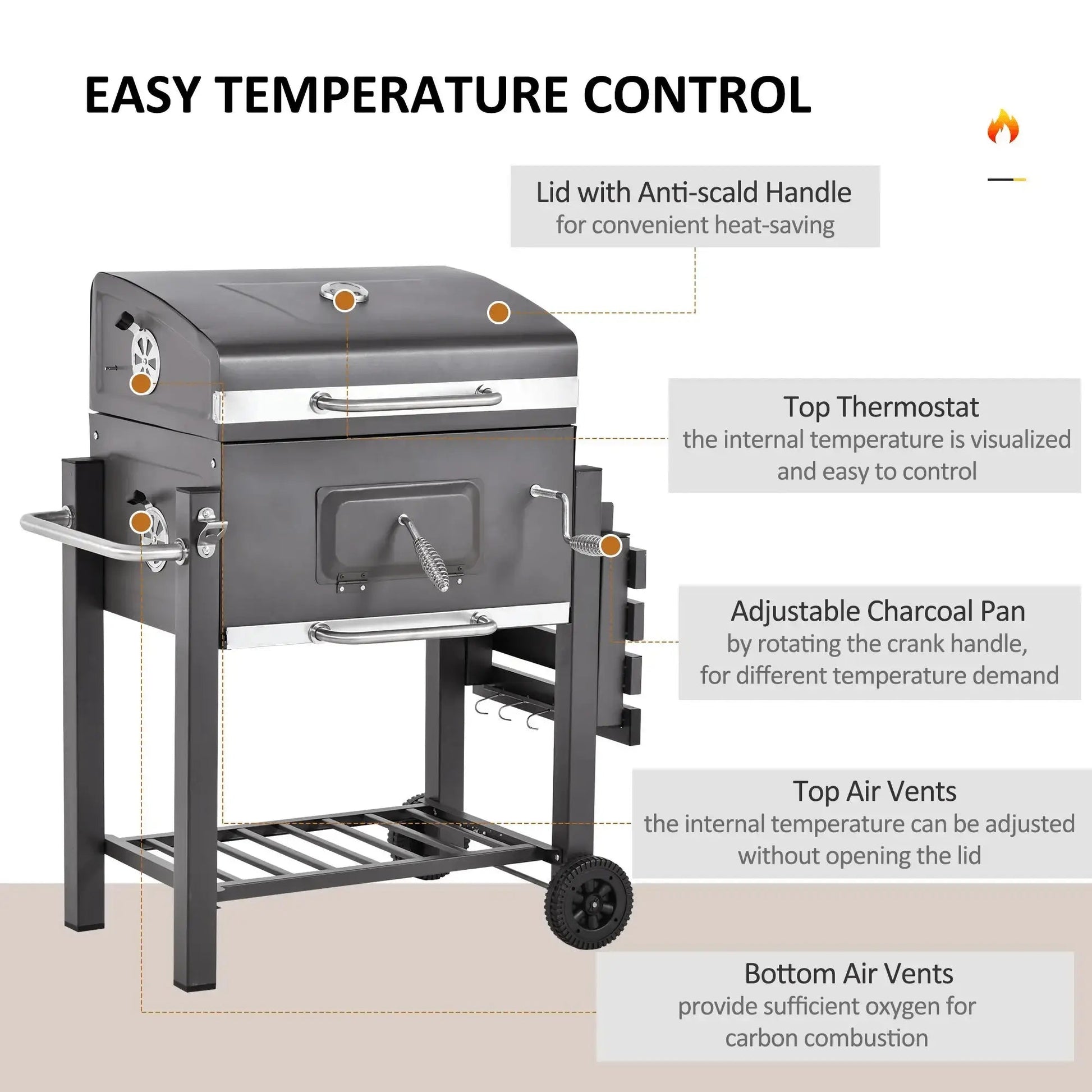 Outsunny Charcoal Grill BBQ Trolley with Adjustable Charcoal Grate, Garden Metal Smoker Barbecue with Shelf, Side Table, Wheels, Built - in Thermometer, Bottle Opener 846 - 013 - Garden & Outdoor