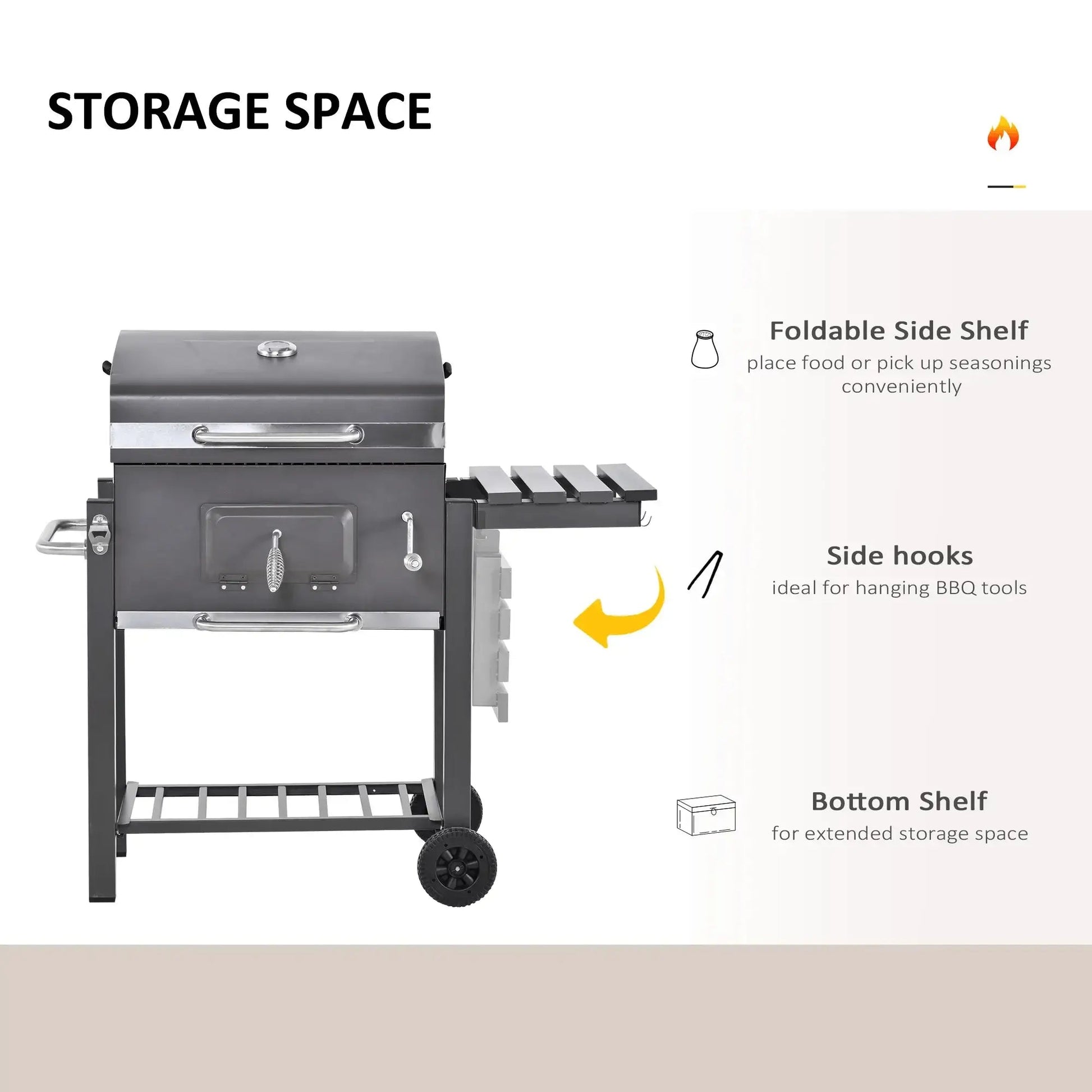 Outsunny Charcoal Grill BBQ Trolley with Adjustable Charcoal Grate, Garden Metal Smoker Barbecue with Shelf, Side Table, Wheels, Built - in Thermometer, Bottle Opener 846 - 013 - Garden & Outdoor