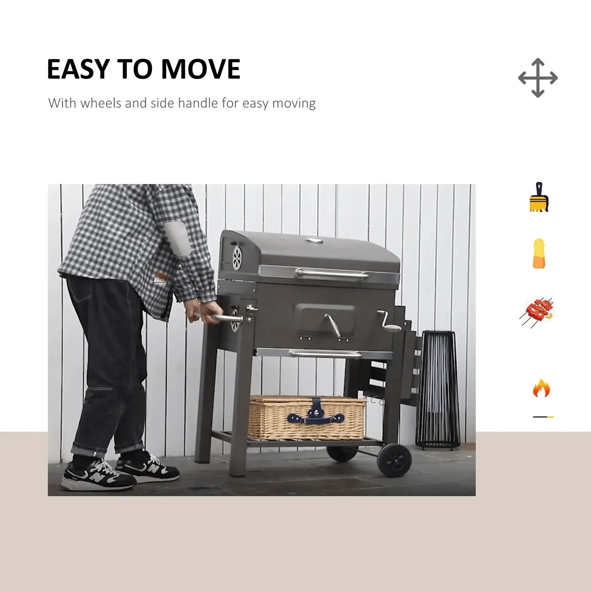 Outsunny Charcoal Grill BBQ Trolley with Adjustable Charcoal Grate, Garden Metal Smoker Barbecue with Shelf, Side Table, Wheels, Built - in Thermometer, Bottle Opener 846 - 013 - Garden & Outdoor