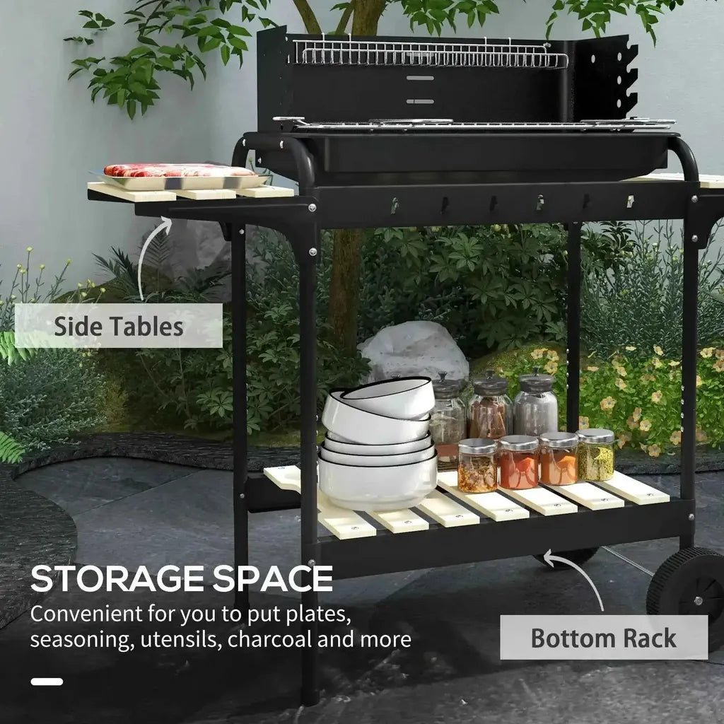 Black metal charcoal bbq trolley with wooden side tables, bottom rack, storage for plates seasonings utensils charcoal