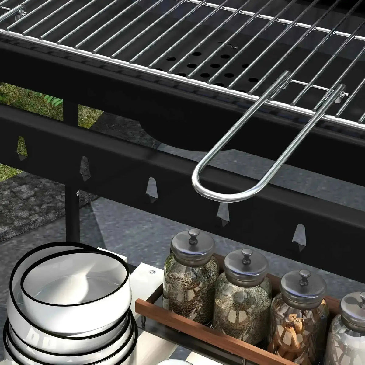 Shiny chrome u-shaped grill tool on black outsunny charcoal bbq trolley with adjustable grill and wheels